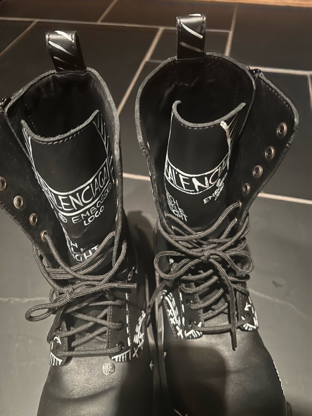 Balenciaga Black and White Graphic Platform Combat Boots - Picture 4 of 6